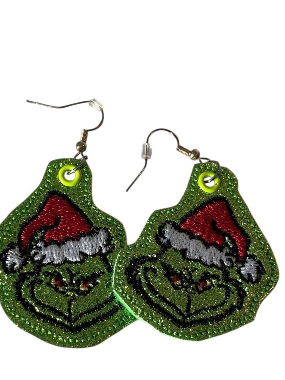 Green Glitter Grinch Santa Hat Dangle Earrings
